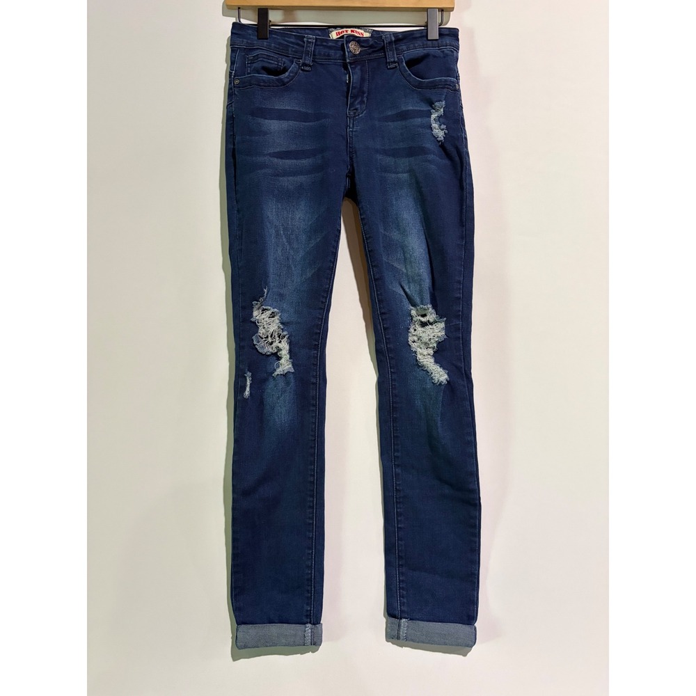 Hot Kiss Skinny Jeans Distressed Dark Wash Denim Cuffed 3 Grunge Streetwear Edgy